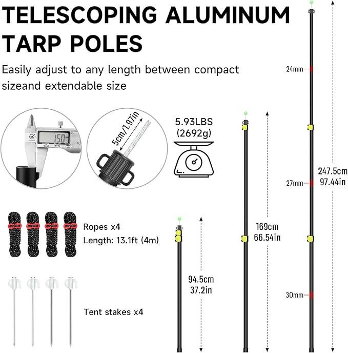 SANLIKE Tarp Poles Heavy Duty Telescoping 97 Adjustable Aviation Aluminum Canopy Rods Lengthen Thicken with Protection Cap Portable Poles for Tent Fly Awning Camping Hiking +Stakes Ropes Set of 4