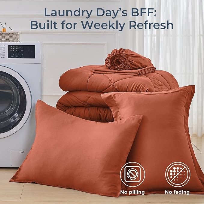 HEVUMYI Burnt Orange Twin-XL Comforter Set - 5-Piece All Season Bed in a Bag Twin-XL Ultra Soft Bedding Set with Comforter Flat Sheet Fitted Sheet Pillowcases Pillow Shams