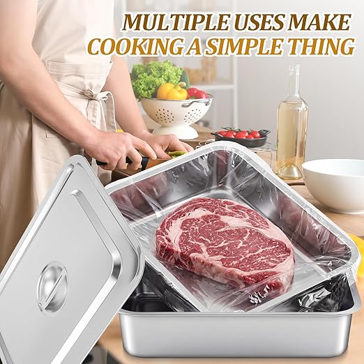 2 Pack 13 L Stainless Steel Commercial Bus Tubs with Lid and 50 Pack Plastic LDPE Meat Lug Liners Food Grade Meat Processing Tubs Lug for Dishwashing Kitchen Restaurant Utility