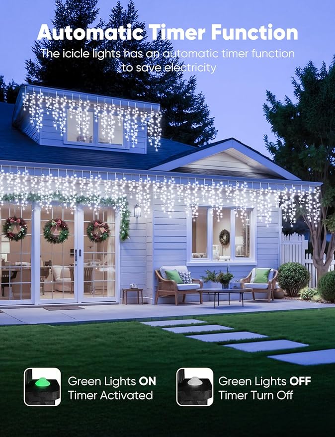 Brightown Icicle Christmas Lights Outdoor 33FT 1020 LED Cluster Icicle Lights with 51 Drops12 Mode Connectable Firecracker Light with Timer Waterproof Christmas Light Outdoor for House White
