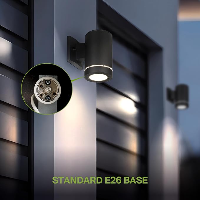 ASD 1 Light Outdoor Wall Light Fixture | 60W E26 Bulb Socket 120V ETL Cylinder Up Down Lights | LED/CFL/Incandescent Bulb Exterior Wall Sconce | Front Door Porch Patio Lighting | Ringed Black 2 Pack