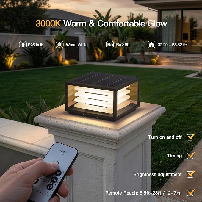 11.8'' Solar Post Lights Outdoor Glass Solar Pillar Lights Outdoor IP54 Waterproof Square Large Column Light Dusk to Dawn 3000K LED Column Lamp Modern Pillar Light Fixture for Entrance Posts