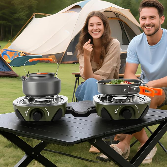 INFOOD Propane Camping Stove 20000 BTU - Portable 2 Burner Gas Stove with Adjustable Flame Control Piezo Ignition Carry Bag &amp Propane Adapter Hose Folding Design for Camp BBQ Tailgating Gre
