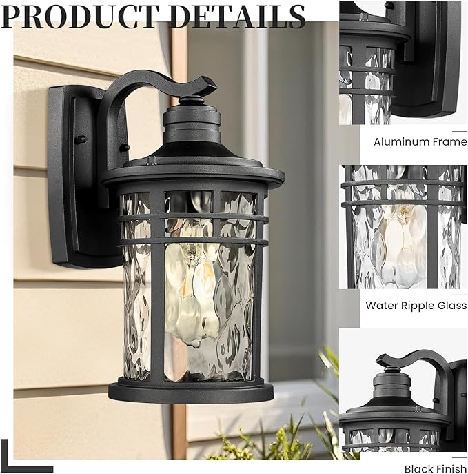 Exterior Lighting Fixture 12 Inch Outdoor Wall Lights Modern Porch Light with Water Ripple Glass Black Finish E26 Socket 2-Pack