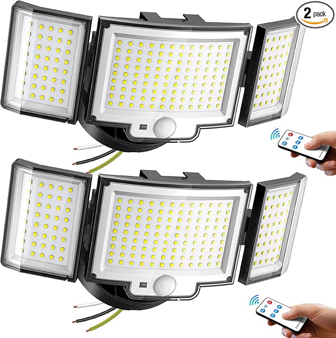 CLAONER 20W 3000LM LED Security Motion Sensor Outdoor Floodlights 6500K Daylight Remote Control 3 Modes Dusk to Dawn Waterproof 3 Heads Hardwired Flood Light for Driveway Garage Porch(2 Pack)