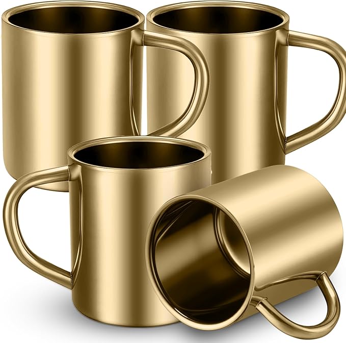 Cunhill 4 Set Small Stainless Steel Coffee Mug 7.5oz/220ml Double Walled Cups Camping Mug with Handle Metal Dishwasher Safe Tea Cups for Home Travel Camping Outdoors Rv Keep Drinks Hot (Gold)