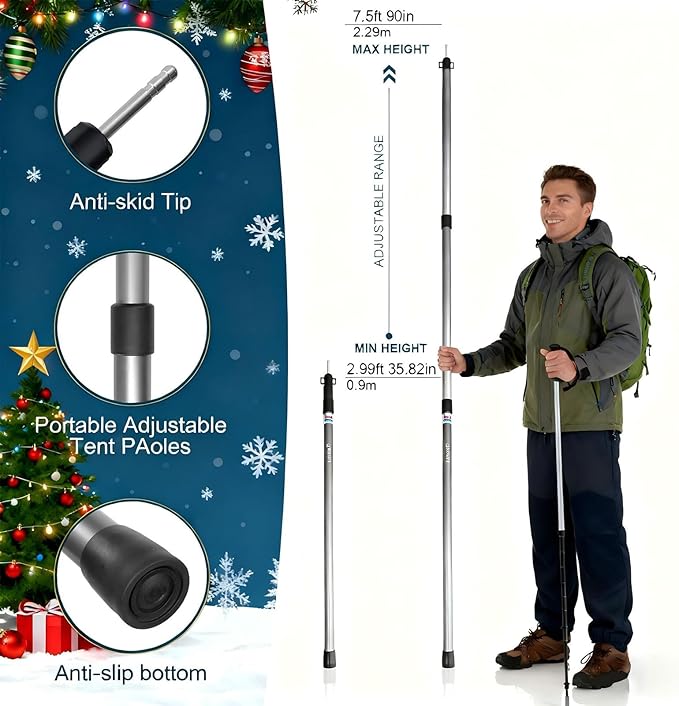 GEEWAY 2 Pcs 7.5FT Tarp Poles for Camping Heavy Duty Telescoping Tent Pole Aluminum Adjustable Tent Poles for Outdoor Activity Wilderness Adventure and RV Travel (Grey)