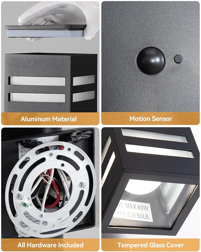 KIZON Motion Sensor Outdoor Lights 2 Pack Dusk to Dawn Outdoor Wall Lights Black Exterior Lighting Fixtures with E26 Base Modern Sconce Motion Detector Lights for House Porch