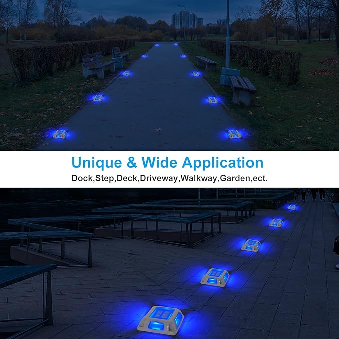 Solar Deck Lights Driveway Dock Lights- 8 Packs Waterproof 1200mAh Solar Powered Outdoor LED Aluminum Dock Lighting Road Markers Step Light for Driveway Sidewalk Garden Pathway Yard (Blue)
