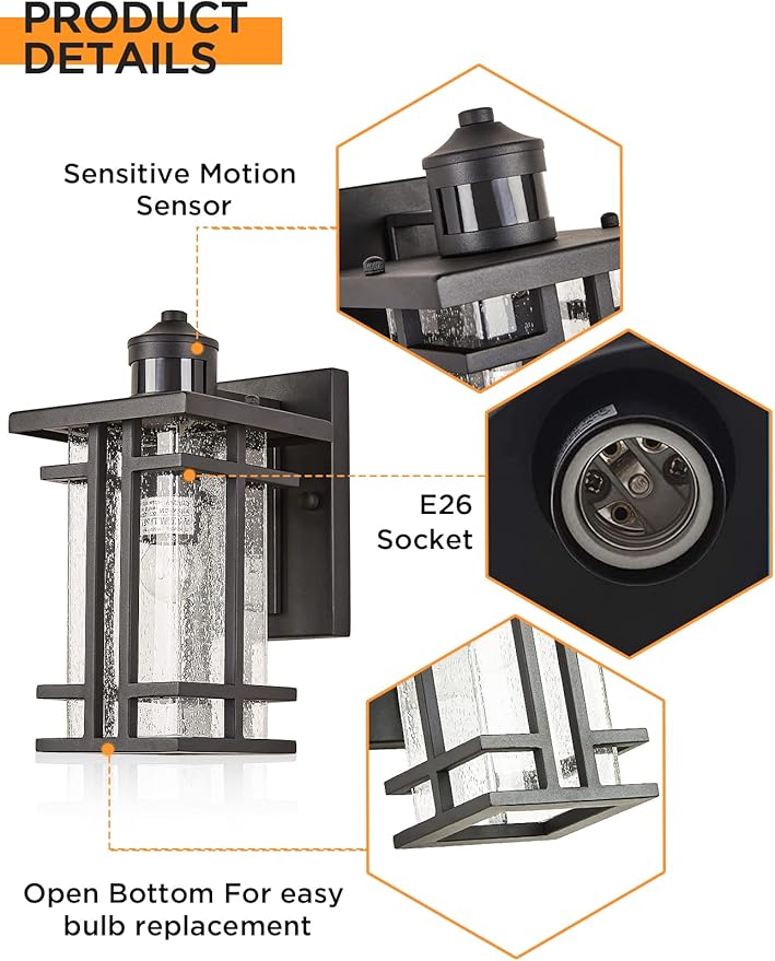 Motion Sensor Outdoor Wall Light Dusk to Dawn Outside Wall Sconce with Seeded Glass Exterior Light Fixtures Wall Mount 3 Modes Motion Activated Outdoor Porch Wall Lantern IP65 Waterproof Black