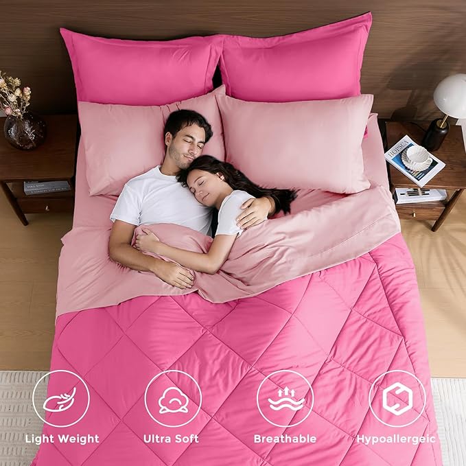 HEVUMYI Hot Pink &amp Baby Pink Twin Comforter Set - 5-Piece All Season Bed in a Bag Twin Ultra Soft Bedding Set with Comforter Flat Sheet Fitted Sheet Pillowcases Pillow Shams