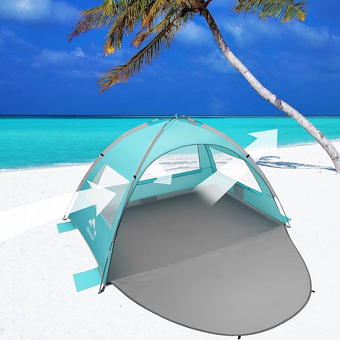 Oileus Beach Tent 2-3 Person Portable Sun Shade Shelter UV Protection Extended Floor Ventilating Mesh Roll Up Windows Carrying Bag Stakes 6 Sand Pockets Fishing Hiking Camping Sky Blue