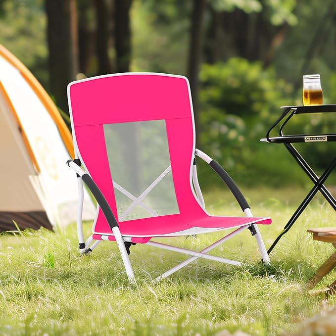 Giantex 2-Pack Low Folding Beach Chair with Detachable &amp Adjustable Umbrella Carrying Bag Padded Armrests Mesh High Back Load 330 LBS Anti-Slip Foot Pads Camping Chair for Picnic Lawn Pink