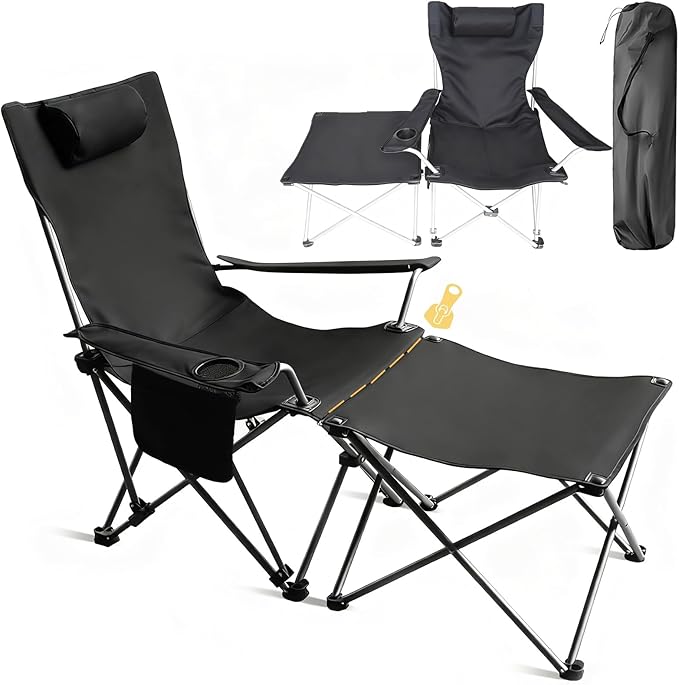 Portable Camping Chair with Footrest Folding Lounge Chair Reclining Chair for Outside with Cup Holder Side Pocket and Pillow Heavy Duty Collapsible Chair for SportsOutdoors &amp Lawns