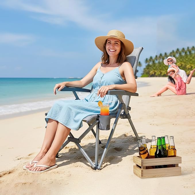 SUNNYFEEL Folding Camping Chair Outdoor Reclining Adjustable 3 Position Heavy Duty Adults 500 LBS Capacity with Hard Armrests &amp Cup Holder Blue Ergonomic Chairs for Outdoor Camp Beach Travel