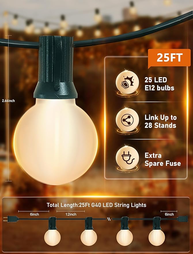 25FT G40 LED Frosted Outdoor String Lights Globe String Lights with 27 Edison Shatterproof Bulbs(2 Spare) Decorative Lights for Bedroom Bistro Café Wedding Warm White Green Wire