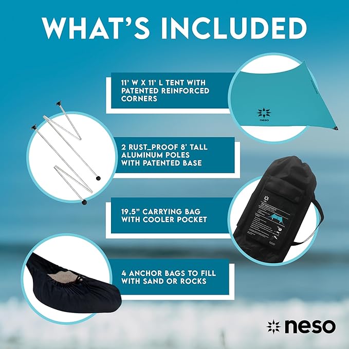 Neso Gigante Portable Beach Tent Sun Shelter - Lightweight Beach Shade Canopy - Easy Setup for Family Outings - Patented Reinforced Corners - UPF 50+ - 8ft Tall 11 x 11ft - Save The Whales