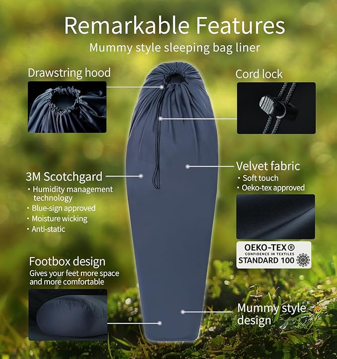 Litume Velvet Velour Sleeping Bag Liner Add Up to 14°F/ 8°C Mummy Sleeping Sack Backpacking Camping Traveling Hotel Hostal Lightweight Sleep Sack with Drawstring Hood E625