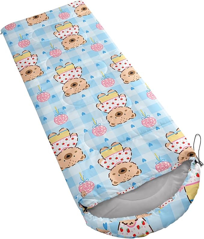 Cute Bear Sleeping Bag for Girls KidsKawaii Milk Tea Waterproof Portable Camping Bag3 Season Warm Cool Weather Lightweight Compact Camping Essentials Gear for Travelling Hiking Yellow