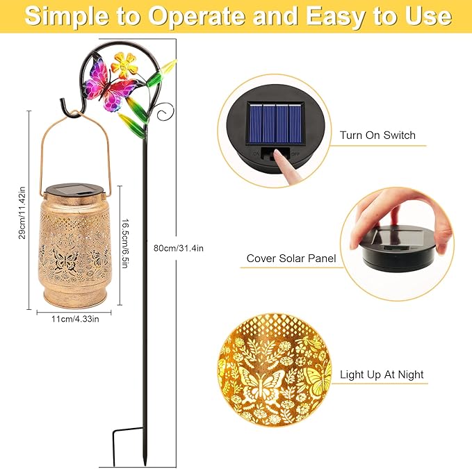Solar Lanterns Outdoor Butterfly Garden Decor Gifts for Women Mom Grandma Birthday Waterproof Metal Hanging Solar Lights LED Decoration with Shepherd Hook Outside for Yard Patio Lawn Porch