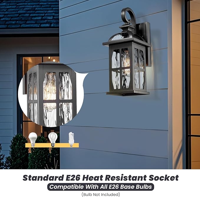 Porch Lights Outdoor Aluminum Outdoor Wall Lights with Water Ripple Glass Waterproof Black Finish Exterior Lighting Fixtures for House Garage Doorway 15 Inch Height 2-Pack