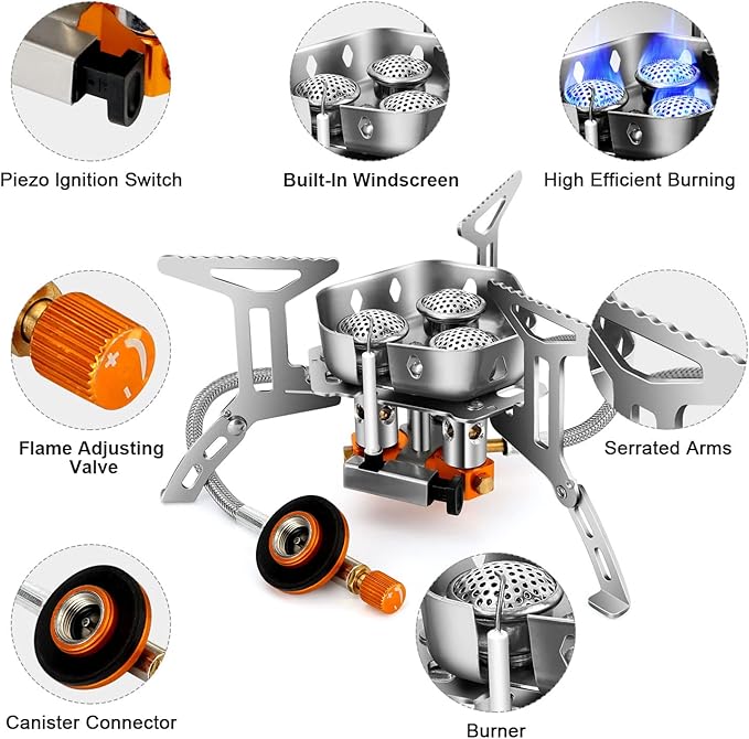 Odoland 3500W/6800W Windproof Camp Stove Camping Gas Stove with Fuel Canister Adapter Piezo Ignition Carry Case Portable Collapsible Stove Burner for Outdoor Backpacking Hiking and Picnic