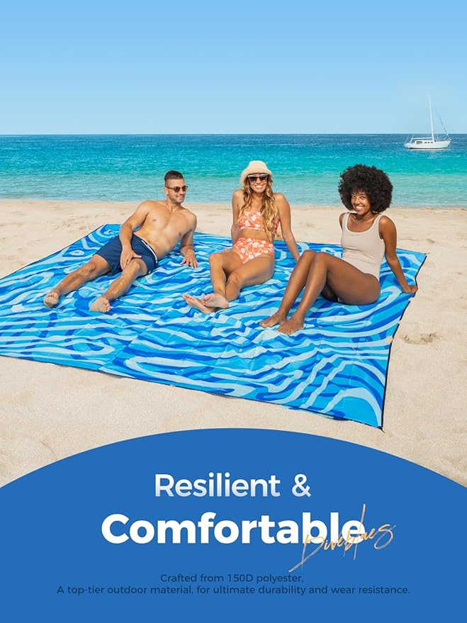 Diveblues Beach Blanket Oversized Extra Large 110 * 118/ 9 * 10 FtBeach Mat Waterproof SandproofSoft and Durable Picnic Mat for Travel Camping Beach Vacation4 Stakes &amp 1 Travel Bag