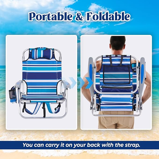 Portable Beach Chair for Adults Outdoor Camping Chair Lay Flat Folding Backpack Beach Reclining Chair with 5 Positions Headrest Zipper Pouch Cup Holder Blue Green