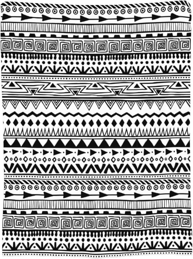 80X60 Tribal Print Black and White Aztec Pattern Boho Lightweight Flannel Blanket - Soft and Breathable Polyester Suitable for Travel Camping and Home Decoration