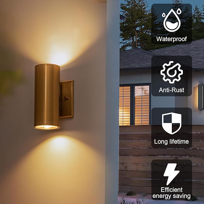 Modern Outdoor Wall Light 2 Packs Up and Down Lights 7 Gold Exterior Light Fixture for House Porch Patio Garage