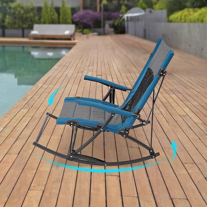 Folding Camping Rocking Chair Portable Outdoor Rocker Chair with Cup Holder for Picnic Outside Backyard Patio Lawn Garden