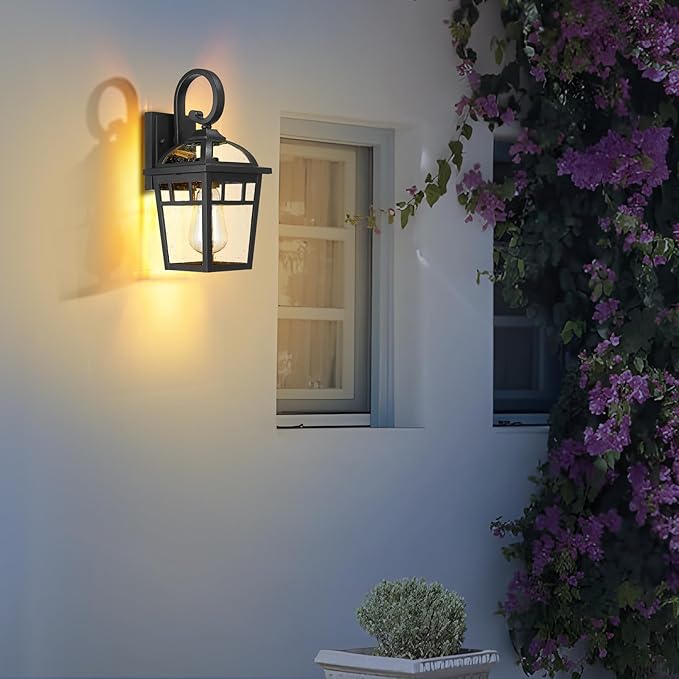 Front Porch Lights Outdoor Wall Lights Exterior Wall Sconce Matte Black Exterior Light Fixtures with Seeded Glass Farmhouse Outdoor Lighting Fixtures for House Garage Porch Patio 2 Pack