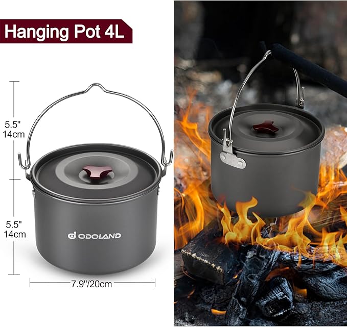 Odoland 22pcs Camping Cookware Mess Kit Large Size Hanging Pot Pan Kettle with Base Cook Set for 4 Cups Dishes Forks Spoons Kit for Outdoor Camping Hiking Picnic