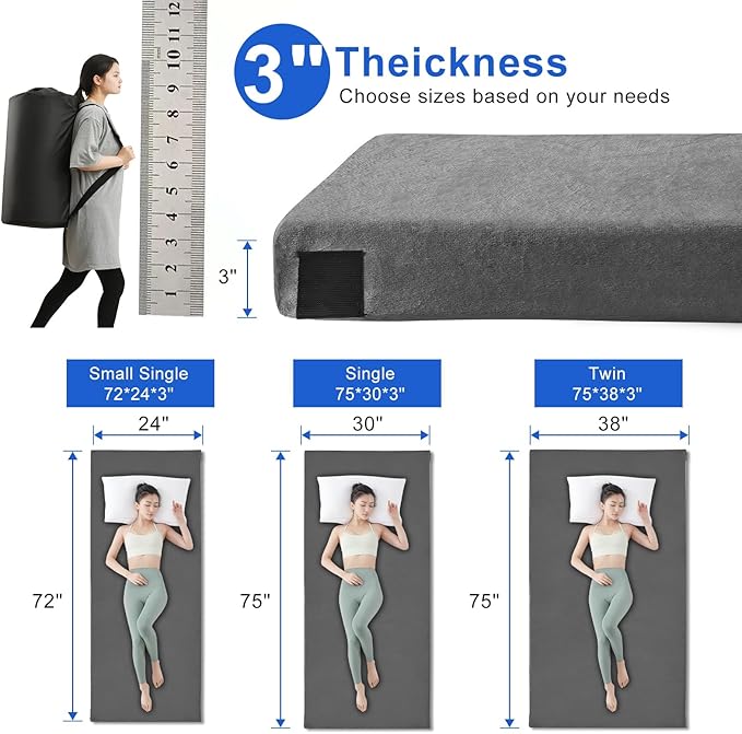Memory Foam Camping Mattress pad Comfortable Thick Floor Sleeping Mat for Adults with Waterproof and Non-Slip Bottom Portable Roll Up Mattress for Sleepover GuestCot Mad for Car Camping