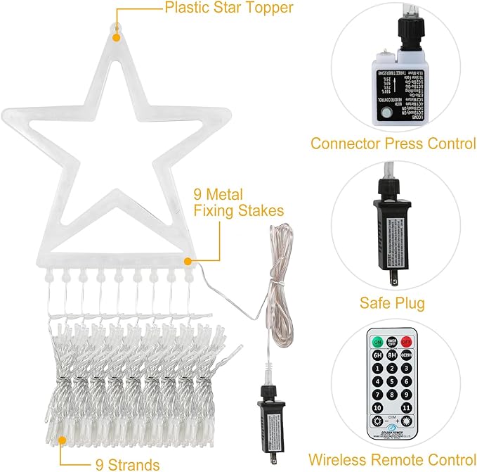 Christmas Decoration Lights Outdoor String Lights 320 LED 11.5 Ft Waterfall Tree With Big Star Topper 8 Modes for New Year Holiday Garden Yard Indoor Outdoor Decor