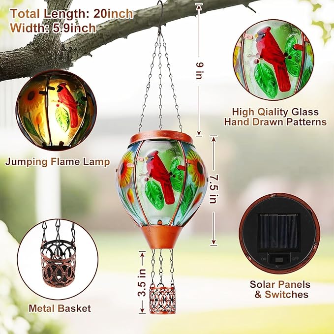 Solar Hot Air Balloon Lantern with Flame Cardinal Glass Solar Hanging Lights Outdoor Yard Patio Farmhouse Decoration Cardinal Gifts for Women Grandma Mom(4 Pack)