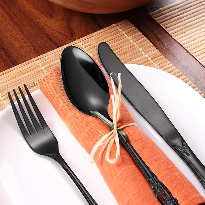 Black Silverware Royal Flatware Set for 4 Stainless Steel Cutlery Retro Antique Kitchen Utenisl with Flower Design Handle for Resturant Home Festival Parties