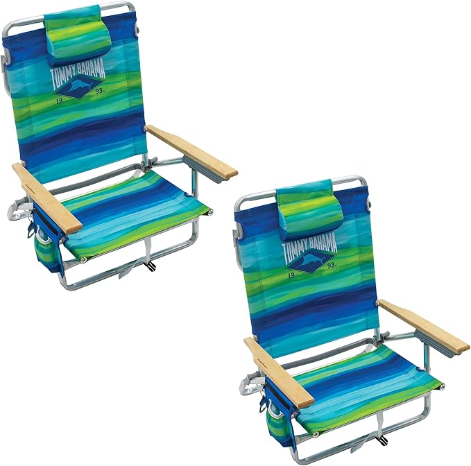 Tommy Bahama 2-Pack 5-Position Classic Lay Flat Backpack Beach Chair with Cooler and Cup Holder Portable Folding Beach Chair for Tanning Blue/Green