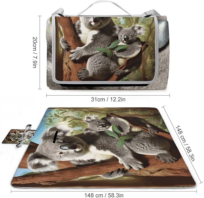 Koala Family Beach BlanketPortable Waterproof Picnic Blanket58.3''x 58.3'' Extra Large Picnic Mat for BeachCamping Grass Lawn Park Accessorie for Festival BBQ