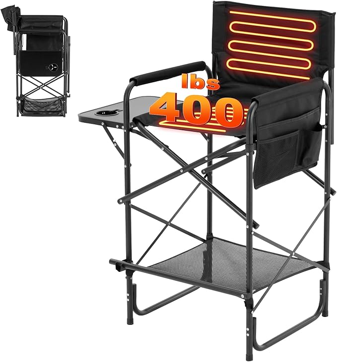 Slsy Taller Heated Camping Chair Heated Portable Camp Chair with 3 Heat Levels Heavy Duty Heated Director Chair for Lawn Outdoor Picnic Lounge Patio