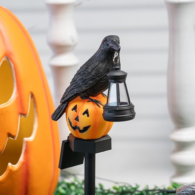Dazzle Bright 2 Pack Halloween Crow Pathway Lights Outdoor Solar Powered Resin Crow with Pumpkin Walkway Lights Stake Light for Halloween Pathway Garden Lawn Yard Gifts Decoration