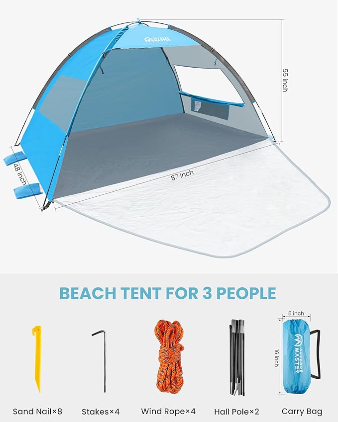 OutdoorMaster Beach Tent Sun Shelter with 2 Ventilated Doors UPF50+ Easy Setup Beach Tent Canopy for 3 Person Lightweight &amp Portable Family Beach Umbrellas for Sand with Carrying Bag - Blue
