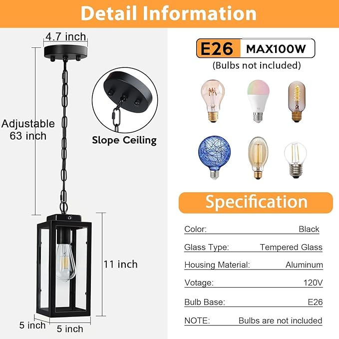 Outdoor Pendant Light Dusk to Dawn 11'' Porch lights Outdoor Chandelier Hanging Ceiling Lights Black Aluminum Lightshade with Tempered Glass Exterior Lighting Fixture for Porch Yard Gazebo 1 Pack