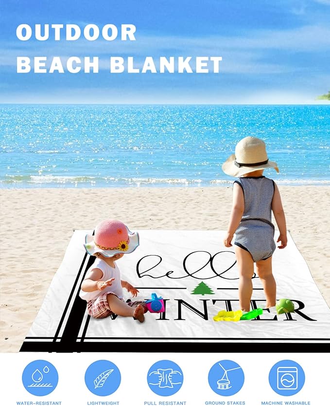 Beach Blanket Waterproof Sandproof Christmas Hello Winter Quotes Quick Drying Beach Mat with 4 Stakes White Black Modern Stripes Lightweight Picnic Blanket for Travel Camping Outdoor 118x108