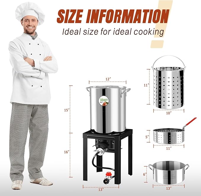 Stainless Steel Turkey Fryer Kit 30QT Deep Pot &amp 10QT Fish Fryer Waterproof Cover &amp 12-inch Skimmer 55000 BTUS Propane Burner Stove Outdoor Deep Fryer Crawfish Boiler with Basket