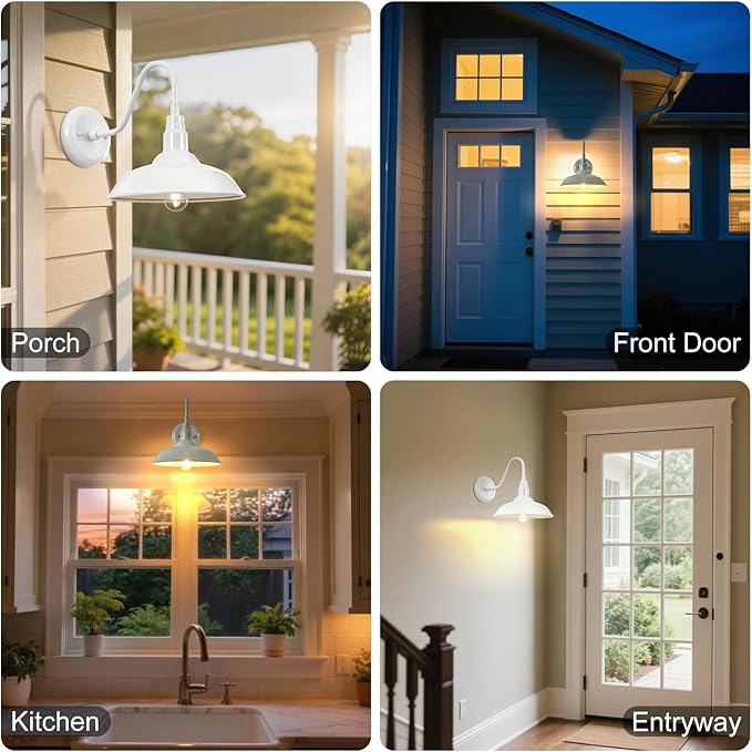Outdoor Gooseneck Barn Light Fixture with Wall Mount 10'' Diameter White Exterior Waterproof Wall Lantern for Porch Farmhouse Wall Sconce 2 Pack LM2201-WH-2P