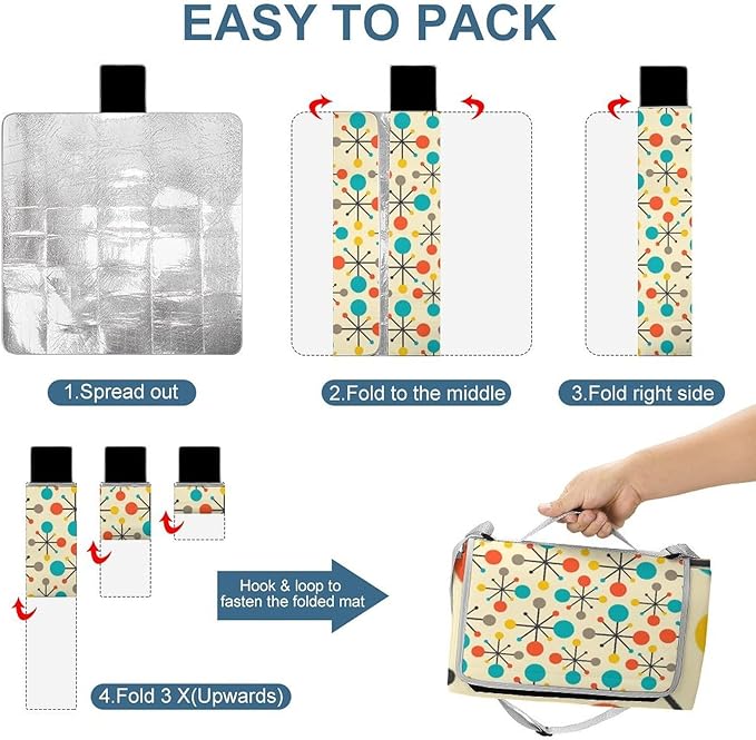 Modern Mid Century Seamless Abstract Pattern Waterproof Outdoor Picnic Blanket Sandproof Beach Mat for Camping Hiking Grass Travelling