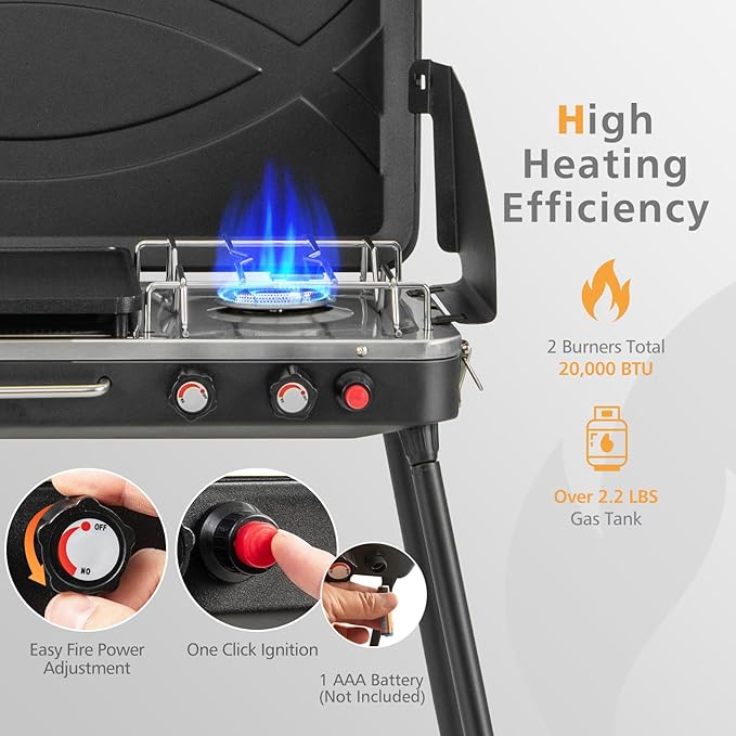Giantex 2-in-1 Gas Camping Grill and Stove Portable Propane Grill Burner with Dual Control Knobs Detachable Legs 3-Sided Wind Screen Gas Hose with Regulator 20000 Total BTUs (Black)