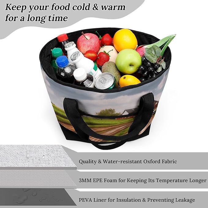 Insulated Shopping BagLarge Reusable Cooler Bags Country Road with Farm And Tractor Printed Foldable Shopping BagTravel Waterproof Shoulder Bag