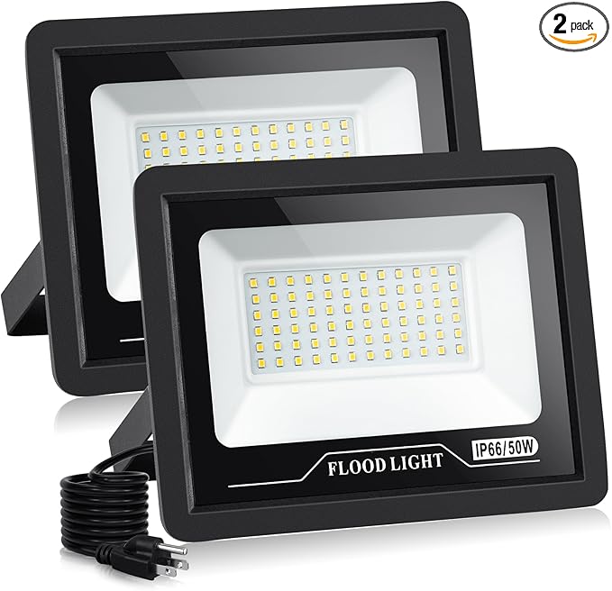 2 Pack LED Flood Light Outdoor 50W Plug In 5000LM Work Light IP66 Waterproof Outdoor Floodlights 6000K Daylight White Security Light for Yard Garage Garden